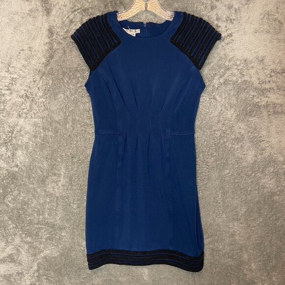 Maggy London Women Classic Embroidered Structured Cap Sleeve Sheath Dress 4 Blue - Picture 1 of 11